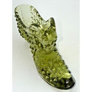 Vintage Fenton Green Hobnail Glass Shoe Slipper Bootie W/Cat Head